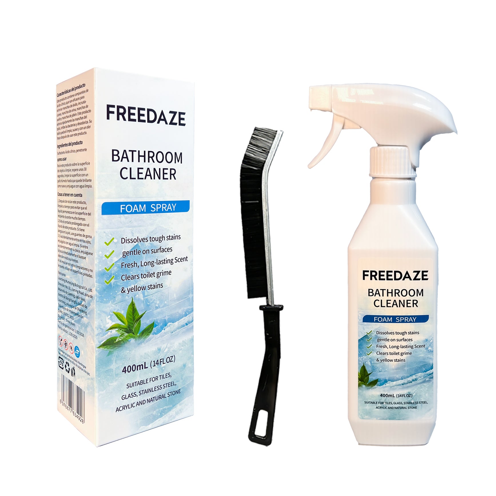 FREEDAZE Bathroom Cleaner Foam Spray 400ml box packaging with cleaning brush