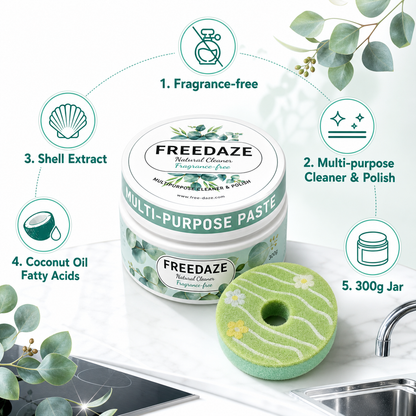 Freedaze Natural All Purpose Cleaning Paste – Shell Powder & Coconut Oil, No Added Fragrance, with Donut Sponge