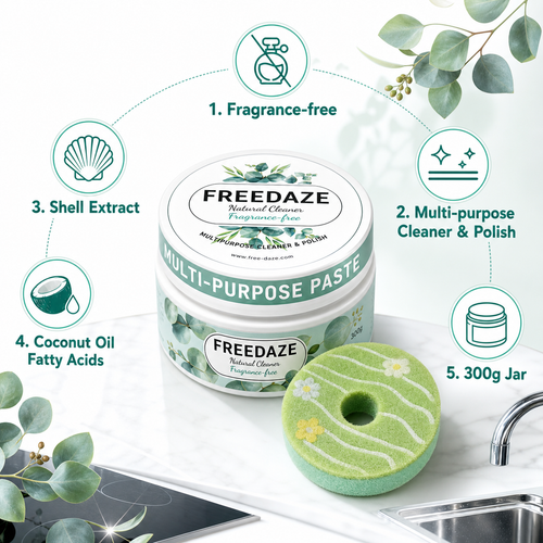 Freedaze Natural All Purpose Cleaning Paste – Shell Powder & Coconut Oil, No Added Fragrance, with Donut Sponge