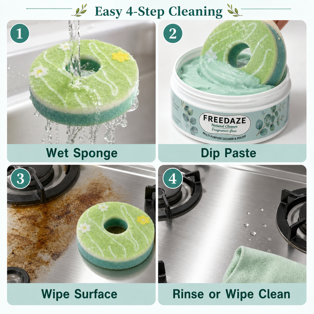 Freedaze Natural All Purpose Cleaning Paste – Shell Powder & Coconut Oil, No Added Fragrance, with Donut Sponge