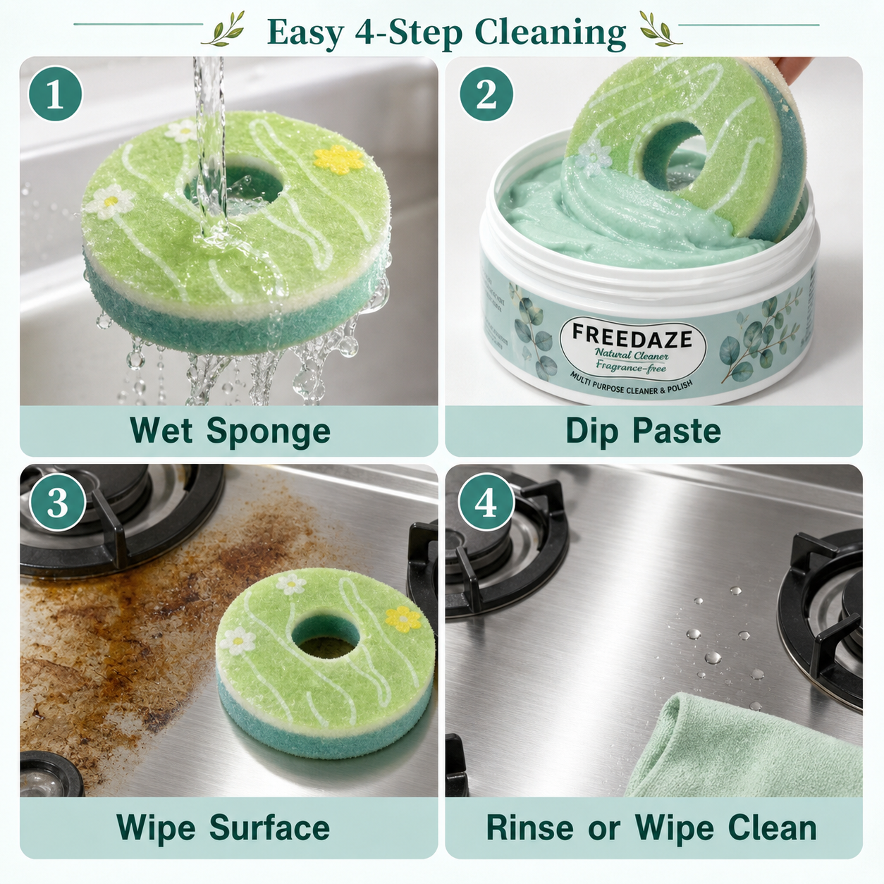 Freedaze Natural All Purpose Cleaning Paste – Shell Powder & Coconut Oil, No Added Fragrance, with Donut Sponge