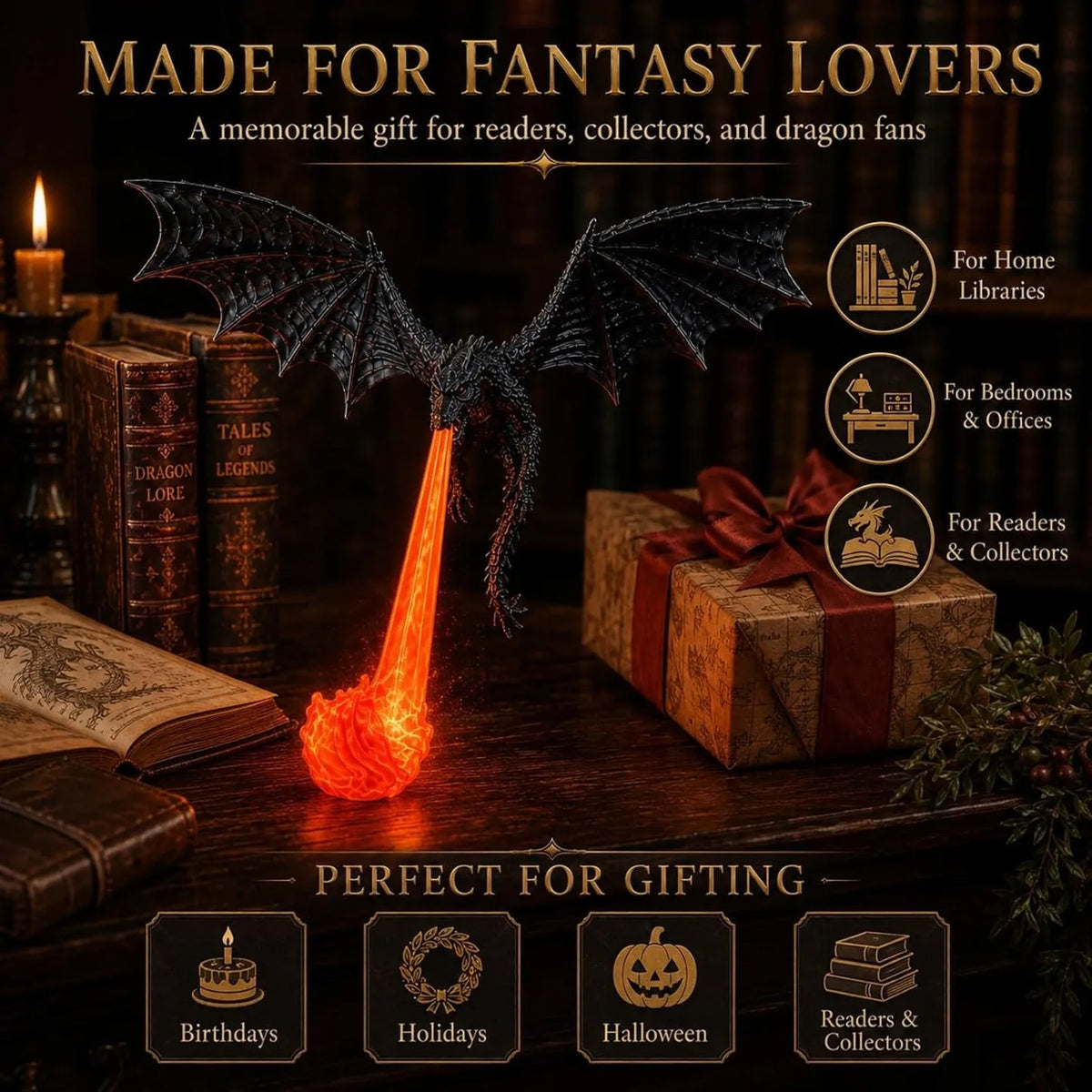 🔥Fire Breathing Flying Dragon Ornament | Gothic Fantasy Home Decor for Bookshelf, Desk & Halloween Display