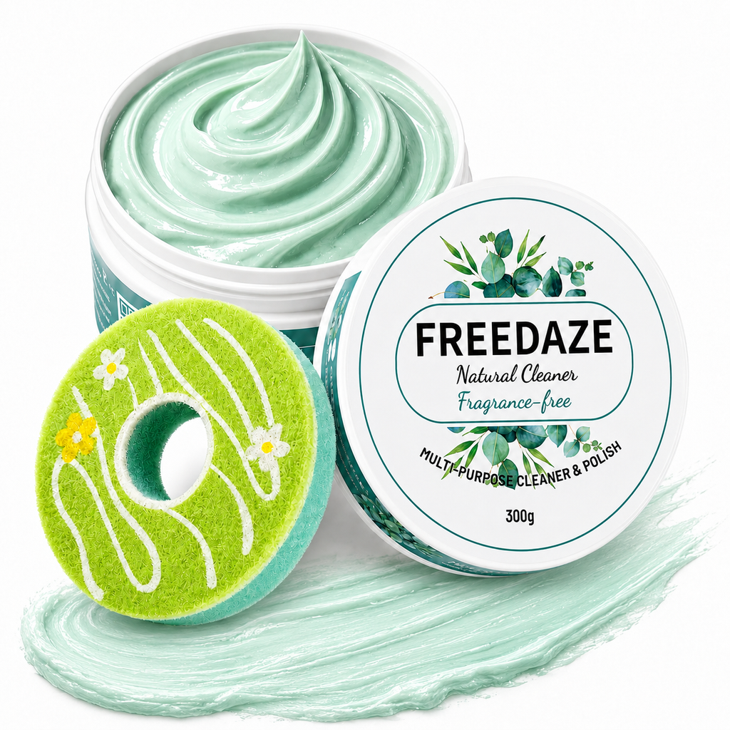 Freedaze Natural All Purpose Cleaning Paste – Shell Powder & Coconut Oil, No Added Fragrance, with Donut Sponge