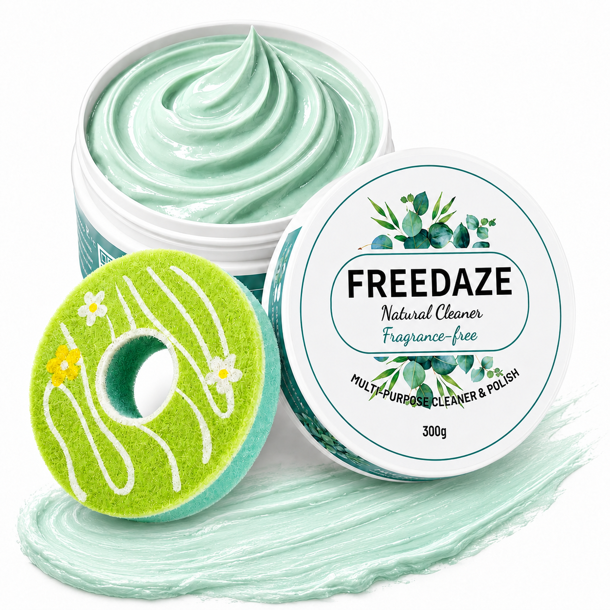Freedaze Natural All Purpose Cleaning Paste – Shell Powder & Coconut Oil, No Added Fragrance, with Donut Sponge