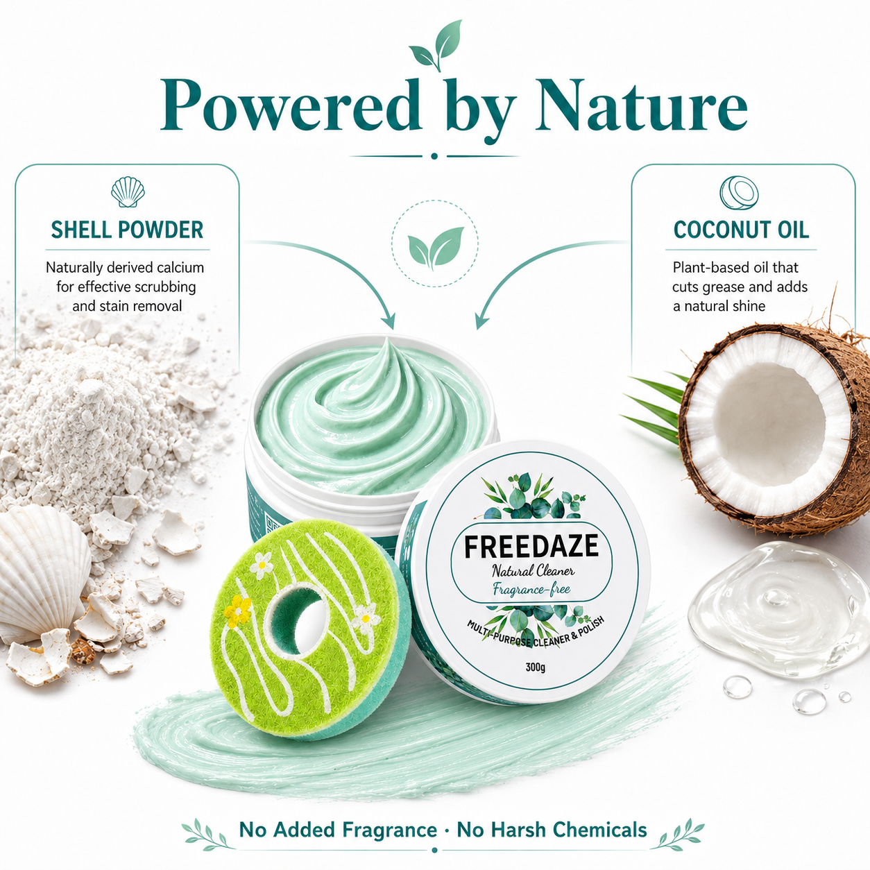 Freedaze Natural All Purpose Cleaning Paste – Shell Powder & Coconut Oil, No Added Fragrance, with Donut Sponge