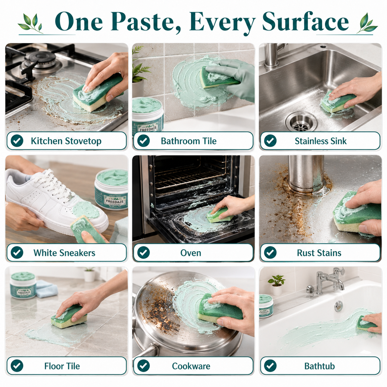 Freedaze Natural All Purpose Cleaning Paste – Shell Powder & Coconut Oil, No Added Fragrance, with Donut Sponge